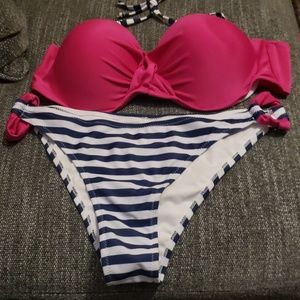 Rose pink and Blue Stripe Bikini  NWOT